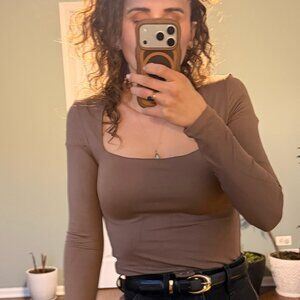 Reoria Brown Square Neck Long Sleeve Bodysuit – Size S